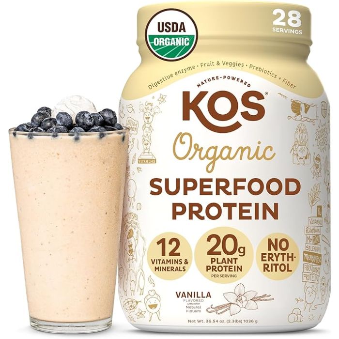 Dairy free vanilla protein powder supplement bottle front view
